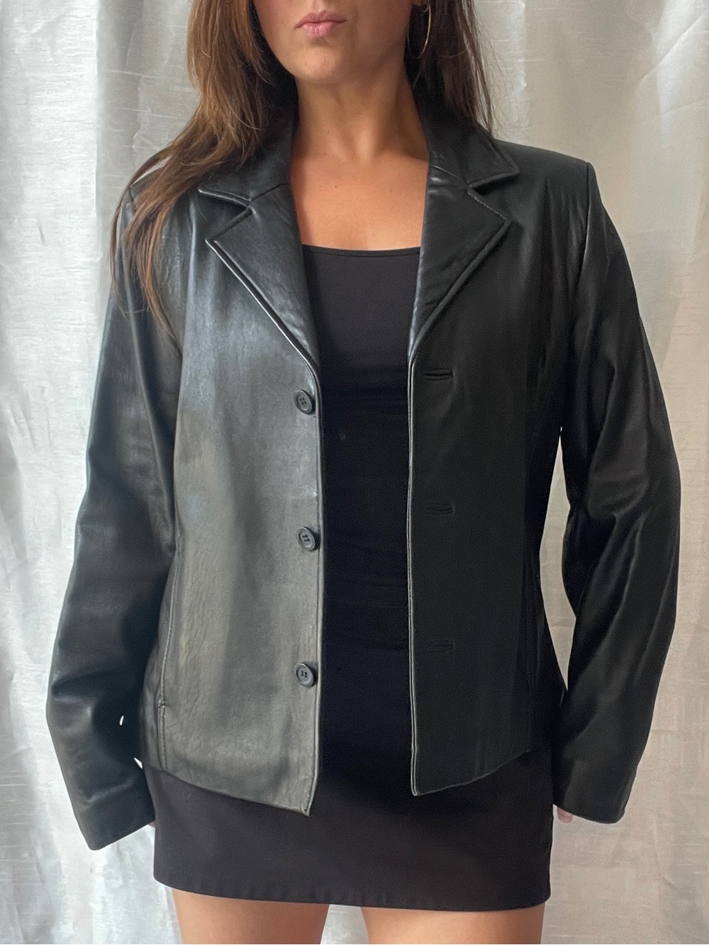 Vintage Genuine Leather Blazer Womens XL Black Notched Lapel Grunge Goth 90s